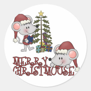 Pegatina Redonda Feliz Christmouse con árbol