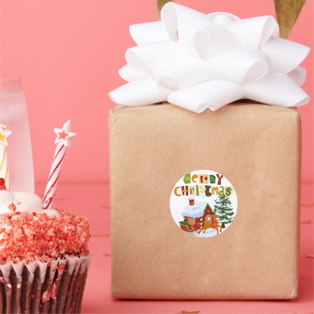 Pegatina Redonda Feliz ciervo navideño y Pegatinas sin aliento (Fiesta)