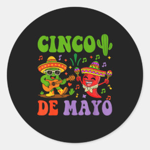 Pegatina Redonda Feliz cinco de mayo cactus y pimiento mexicano