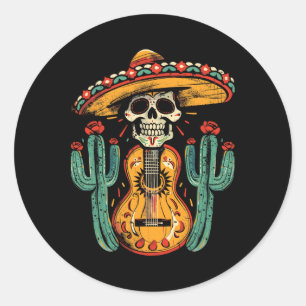 Pegatina Redonda Feliz Cinco De Mayo Skeleton Sombrero Guitarra