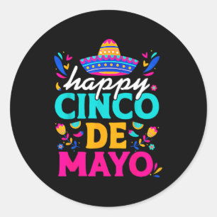 Pegatina Redonda Feliz cinco de mayo sombrero mexicano margarita