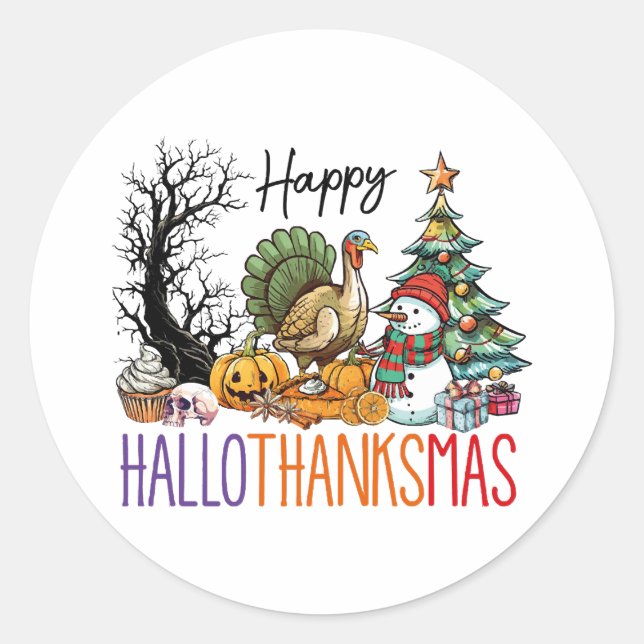 Pegatina Redonda Feliz Clipart de Hallothanksmas (Anverso)