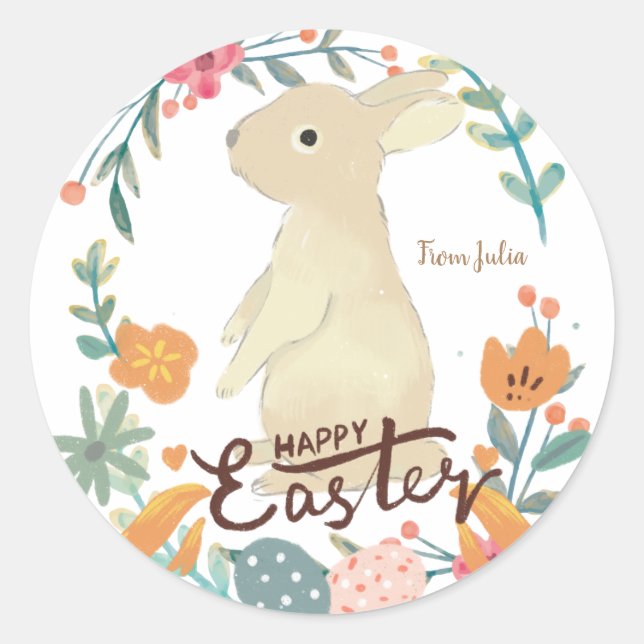 Pegatina Redonda Feliz Conejo de Pascua (Anverso)