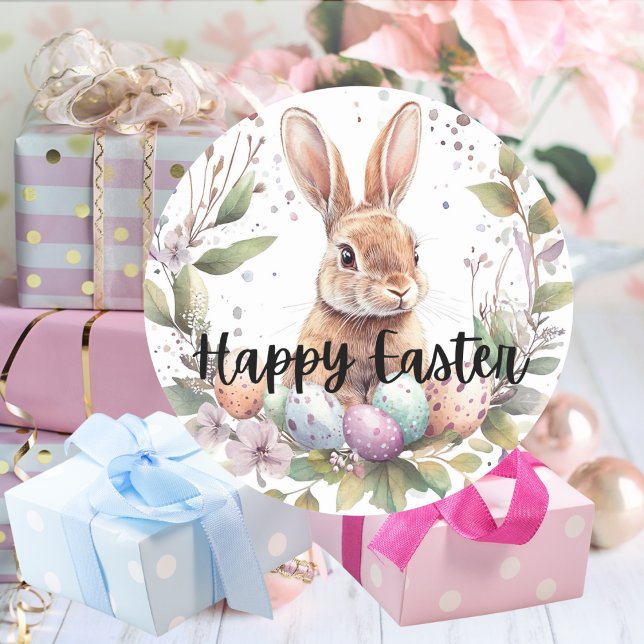 Pegatina Redonda Feliz Conejo de Pascua (Happy Easter Cute Bunny Classic Round Sticker Mockup 1)