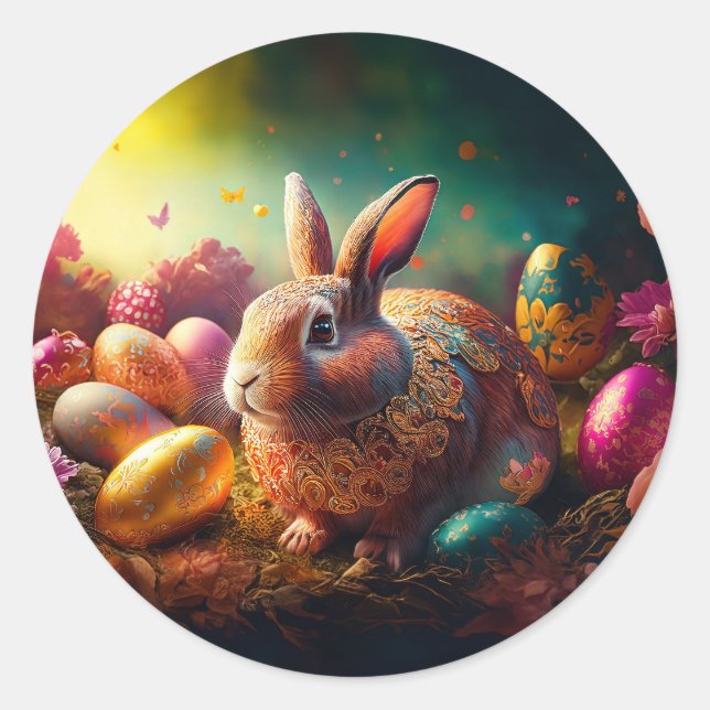 Pegatina Redonda Feliz Conejo de Pascua con huevos de Pascua (Anverso)