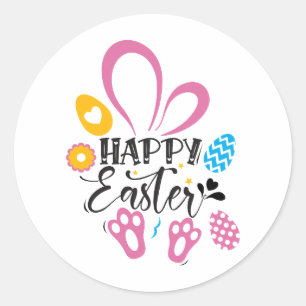 Pegatina Redonda Feliz Conejo De Pascua Con Huevos De Pascua