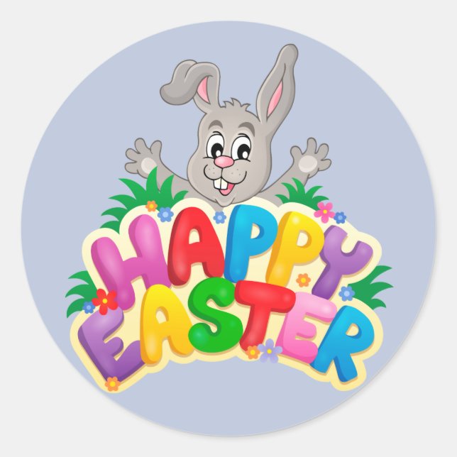 Pegatina Redonda Feliz Conejo de Pascua con texto (Anverso)