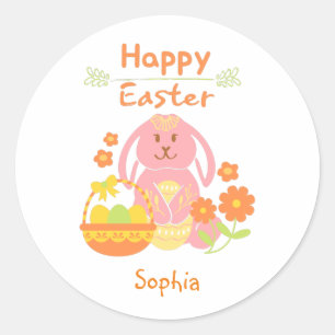 Pegatina Redonda Feliz Conejo Rosa de Pascua y la Rueda Clásica de 