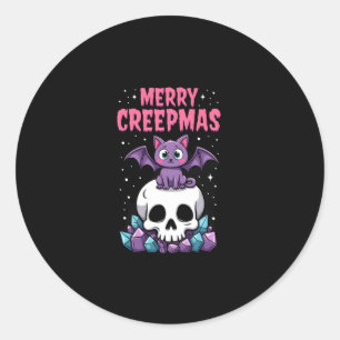 Pegatina Redonda Feliz Creepmas Gato Pastel Goth Navidad Calavera T