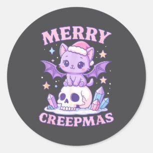 Pegatina Redonda Feliz Creepmas Gato Pastel Góthico Navidad Calaver