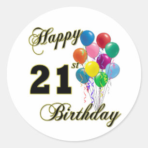 Pegatina Redonda Feliz cumpleaños 21 con globos