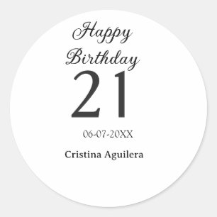 Pegatina Redonda Feliz cumpleaños 21 negrita letra simple nombre mí