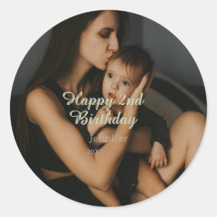Pegatina Redonda Feliz cumpleaños 2 niños bebé madre amarillo gris