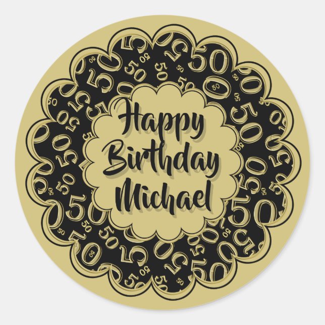 Pegatina Redonda Feliz cumpleaños 50.º Patrón de números Guay Oro/N (Anverso)