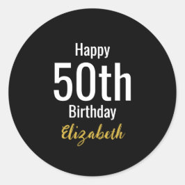 Pegatina Redonda Feliz cumpleaños 50 con nombre dorado negro y blan