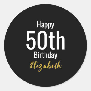 Pegatina Redonda Feliz cumpleaños 50 con nombre dorado negro y blan