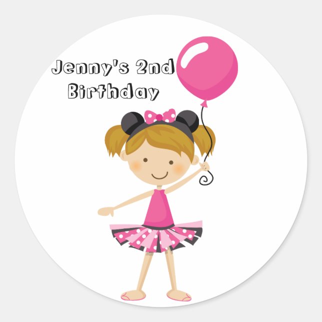 Pegatina Redonda Feliz cumpleaños a Fiesta menor Chica con globo (Anverso)