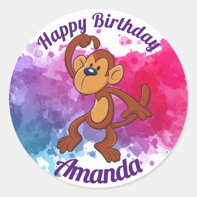 Pegatina Redonda Feliz cumpleaños a los Pegatinas de monos (Anverso)