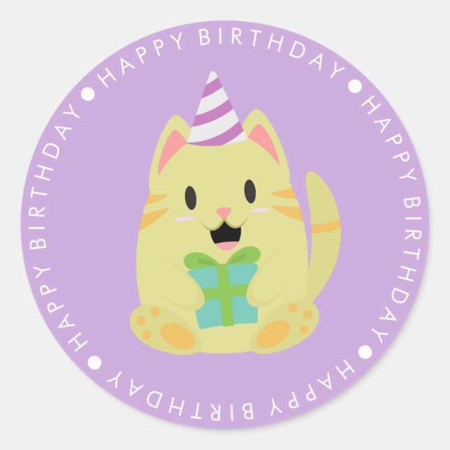 Pegatina Redonda Feliz cumpleaños a un gato amarillo lindo (Anverso)