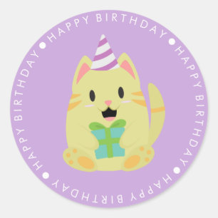 Pegatina Redonda Feliz cumpleaños a un gato amarillo lindo