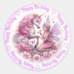 Pegatina Redonda Feliz cumpleaños a unicornio