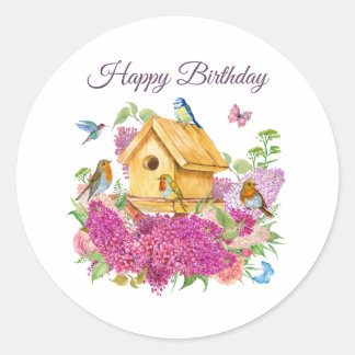 Pegatina Redonda Feliz cumpleaños acuarela Birdhouse Flores Lilac
