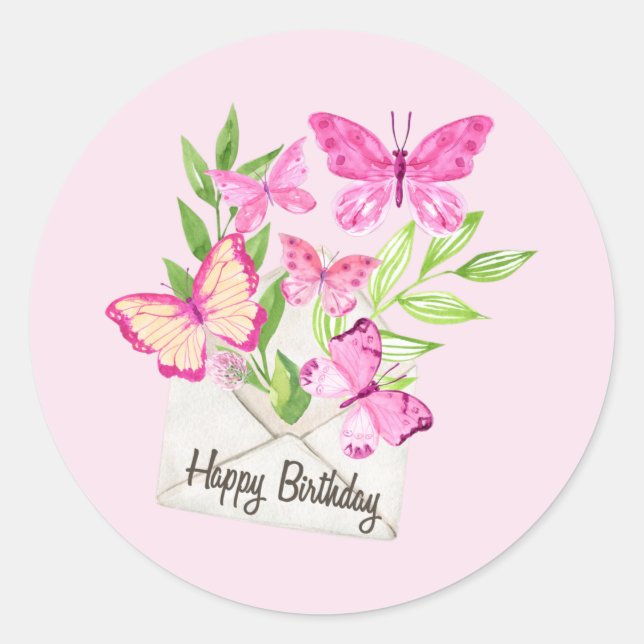 Pegatina Redonda Feliz cumpleaños acuarela mariposas rosadas, hojas (Anverso)