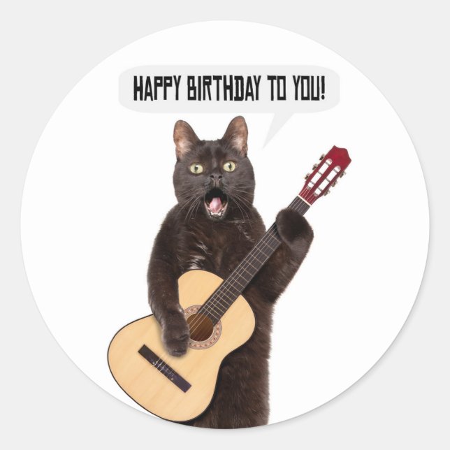 Pegatina Redonda Feliz cumpleaños al gato cantando y tocando guitar (Anverso)
