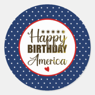 Pegatina Redonda Feliz cumpleaños América, blanco y azul patriótico
