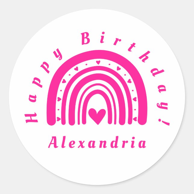 Pegatina Redonda Feliz cumpleaños, arcoiris personalizado, rosa cal (Anverso)
