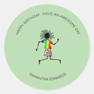 Pegatina Redonda Feliz cumpleaños, bailarín feliz de arte africano