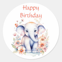Pegatina Redonda Feliz cumpleaños bebé Elefante acuarela