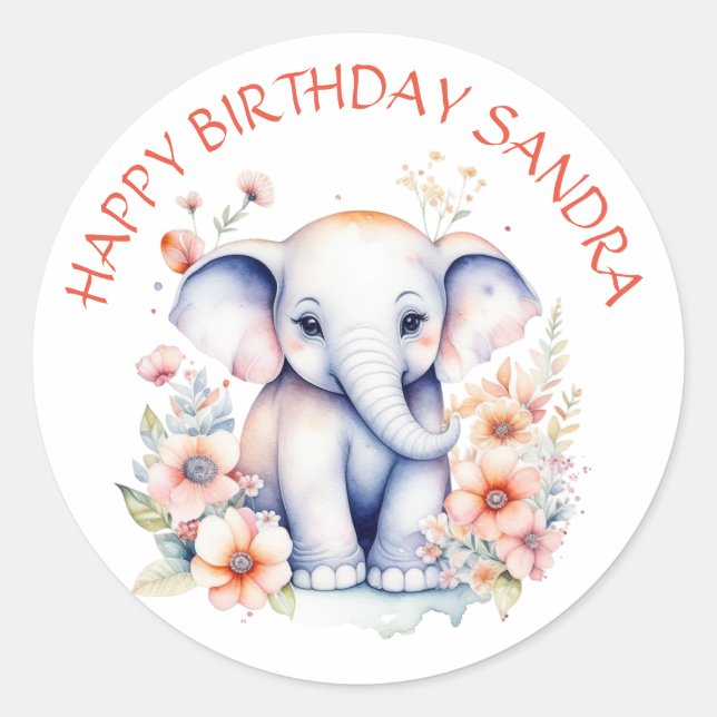 Pegatina Redonda Feliz cumpleaños bebé elefante personalizado (Anverso)