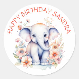 Pegatina Redonda Feliz cumpleaños bebé elefante personalizado