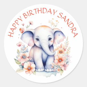 Pegatina Redonda Feliz cumpleaños bebé elefante personalizado