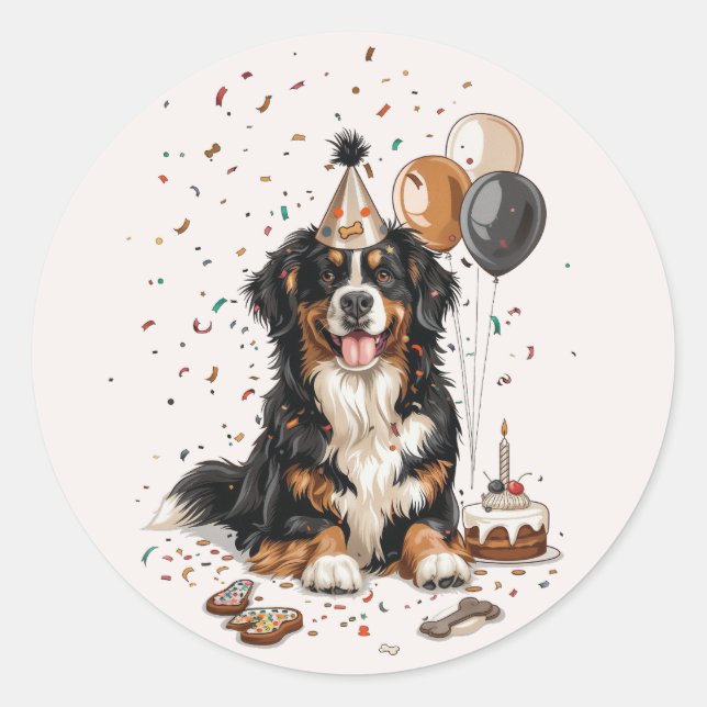 Pegatina Redonda Feliz cumpleaños Bernese Mountain Dog (Anverso)