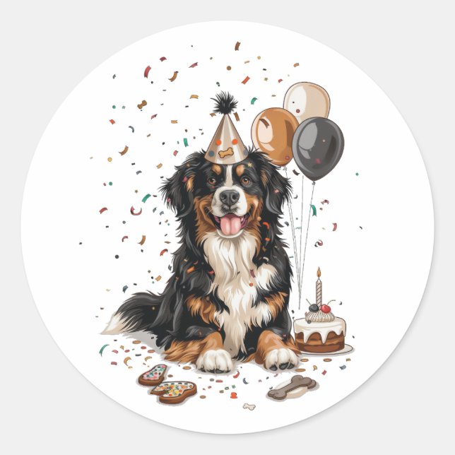 Pegatina Redonda Feliz cumpleaños Bernese Mountain Dog (Anverso)