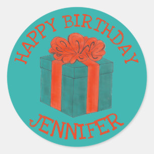 Pegatina Redonda Feliz cumpleaños Blue Personalized Red Gift Box Bo