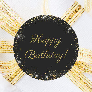 Pegatina Redonda Feliz Cumpleaños Brillo de Oro Negro