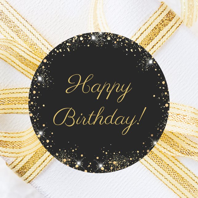 Pegatina Redonda Feliz Cumpleaños Brillo de Oro Negro (Subido por el creador)