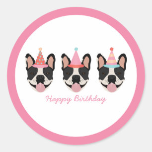 Pegatina Redonda Feliz cumpleaños Bulldog francés Fiestas Gorras ro