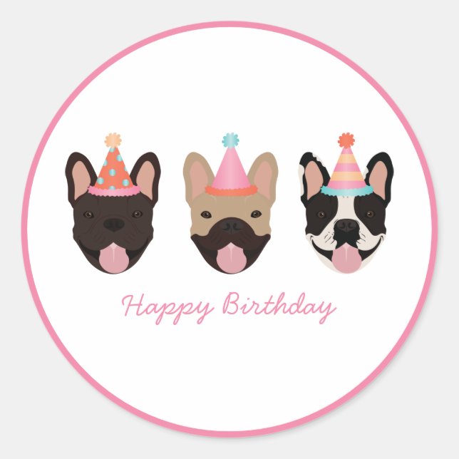Pegatina Redonda Feliz cumpleaños Bulldog francés Fiestas Gorras ro (Anverso)