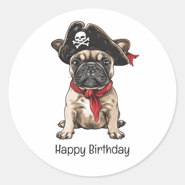 Pegatina Redonda Feliz cumpleaños, Bulldog francés pirata (Anverso)