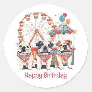 Pegatina Redonda Feliz Cumpleaños Bulldoges Ingleses En Un Carnaval