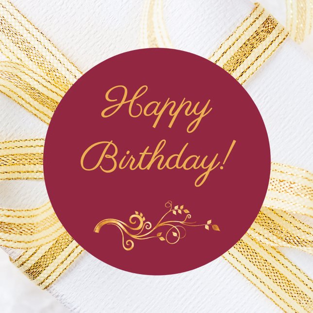 Pegatina Redonda Feliz Cumpleaños burdeos dorado (Subido por el creador)