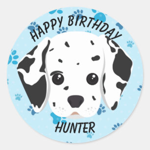 Pegatina Redonda Feliz Cumpleaños Cachorro Dálmata Huella de Pata A
