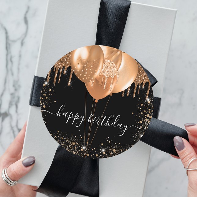 Pegatina Redonda Feliz cumpleaños chica purpurina de oro negro (Subido por el creador)
