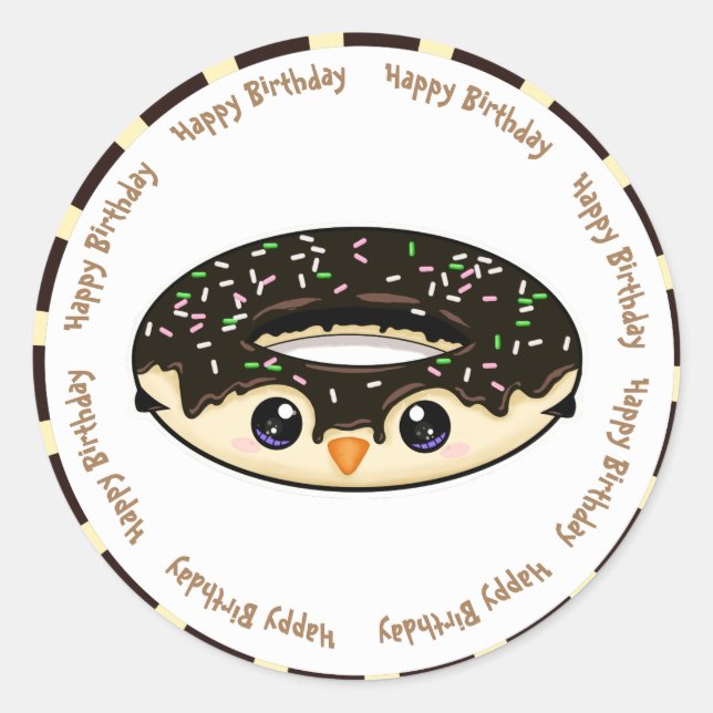 Pegatina Redonda Feliz cumpleaños, chocolate kawaii donut (Anverso)