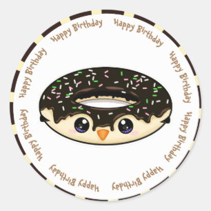 Pegatina Redonda Feliz cumpleaños, chocolate kawaii donut