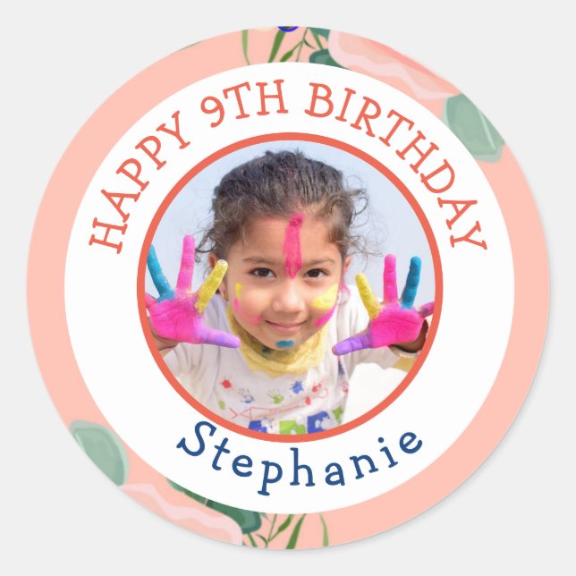 Pegatina Redonda Feliz Cumpleaños Clásico Simple Foto (Anverso)
